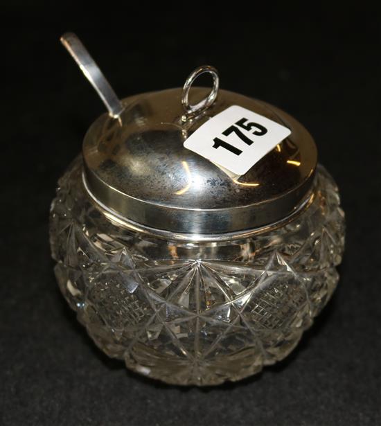 Silver mounted glass preserve pot and silver spoon